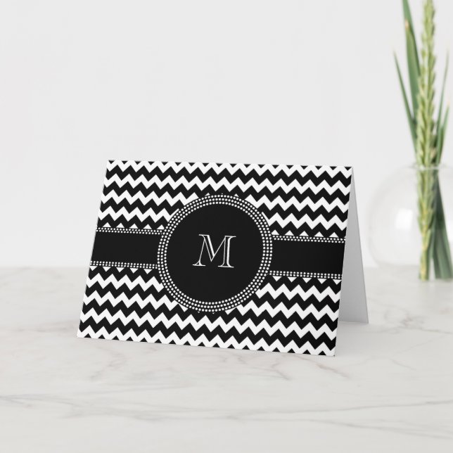 Elegant Chevron Chic Black and White Monogram Anteckningskort (Framsida)