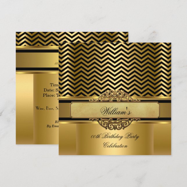 Elegant Chevron Guld Svart Rand Födelsedagsfest Inbjudningar (Fram/baksida)