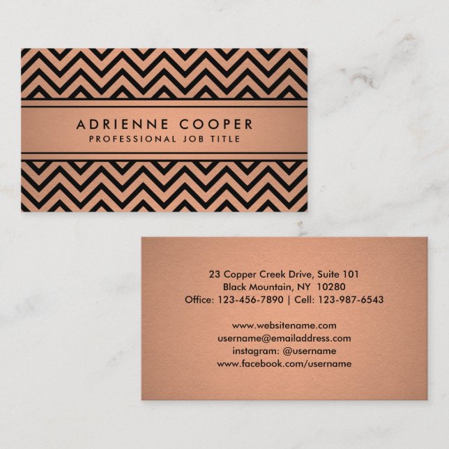 Elegant Chevron Patter Copper Faux Foil and Black Visitkort (Fram/baksida)