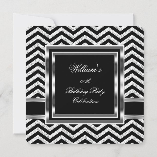 Elegant Chevron Svart Silver Födelsedagsfest Herra Inbjudningar (Framsida)