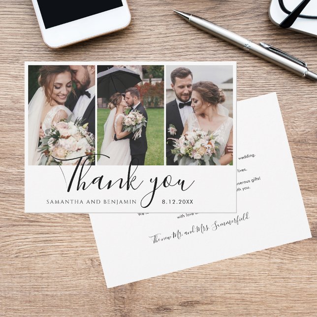 Elegant Chic 3 Bröllop fotoskript Tack Kort (Elegant Chic 3 Wedding Photos Script Thank You Card)