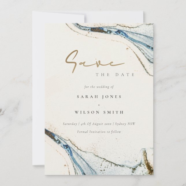 Elegant Chic Abstrakt Vattenfärg Blått Guld Beachy Spara Datumet (Framsida)