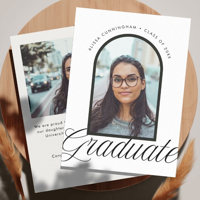 Elegant Chic Arch Studenten Photo Meddelande (elegant chic arch graduation photo announcement card in black and white)