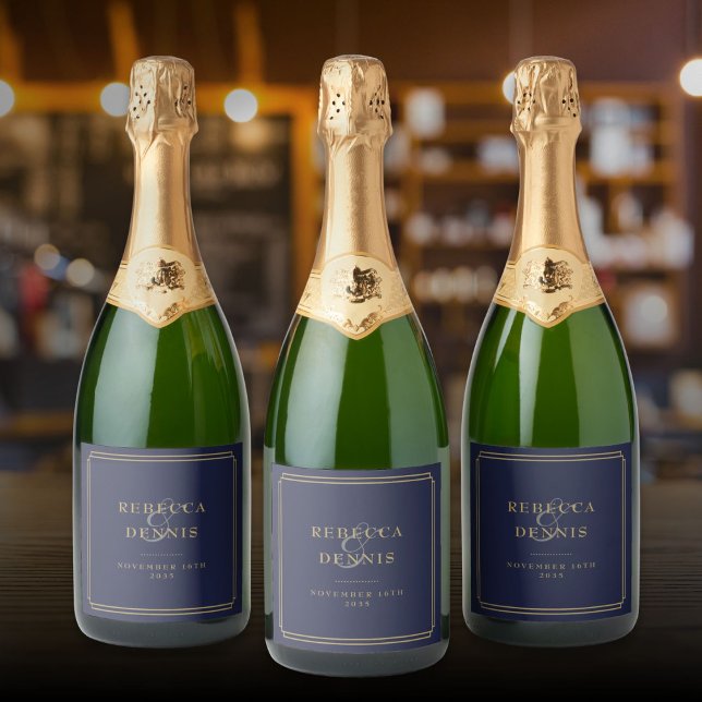 Elegant Chic Art Deco Navyblå Och Guld Bröllop (Elegant Chic Art Deco Navy Blue And Gold Wedding Sparkling Wine Label)