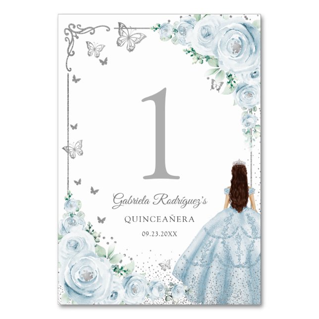 Elegant Chic Baby Blue Roses Silver Quinceanera Bordsnummer (Framsidan)