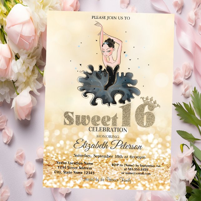 Elegant Chic Ballerina Guld Glitter Bokeh Sweet 16 Inbjudningar (Skapare uppladdad)