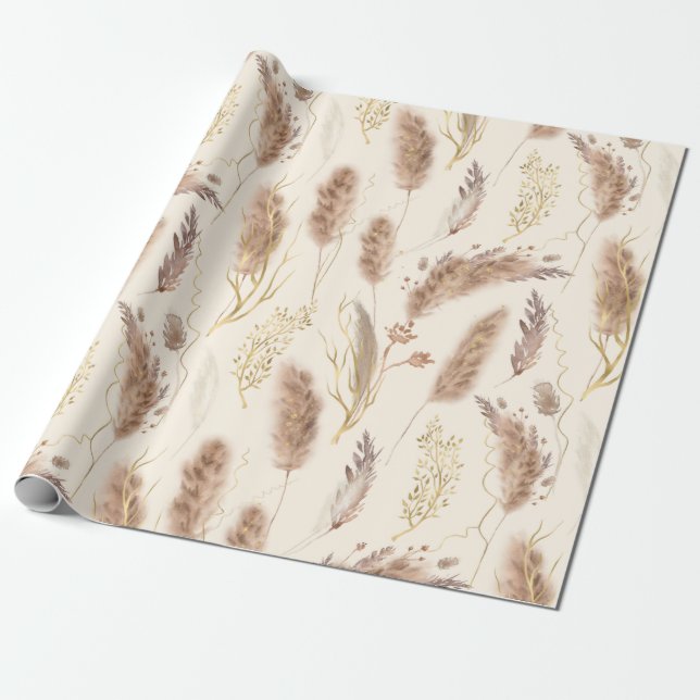 Elegant Chic Beige Golden Pampas Grass Mönster Presentpapper (Utrullad)