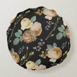 Elegant Chic Beige Ro Blommigt på Black Rund Kudde