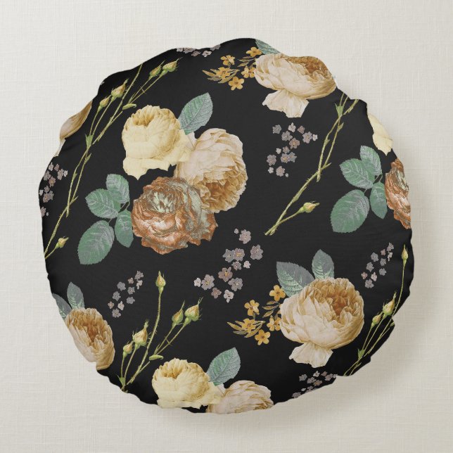 Elegant Chic Beige Ro Blommigt på Black Rund Kudde (Baksidan)