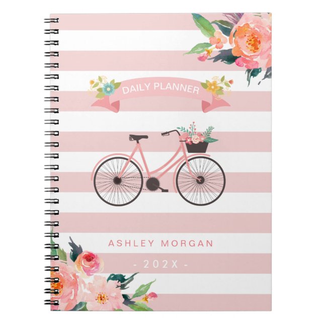 Elegant Chic Bicycle Blommigt Girly Rosa Rand Anteckningsbok Med Spiral (Framsidan)
