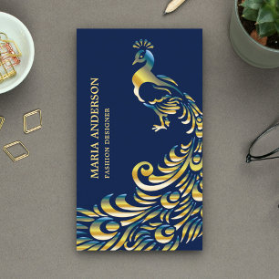Elegant Chic Blå Guld Folie Blank Påfågel Visitkort