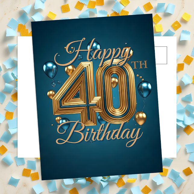 Elegant Chic Blå och Gyllene Ballonger 40-års Föde Vykort (Skapare uppladdad)