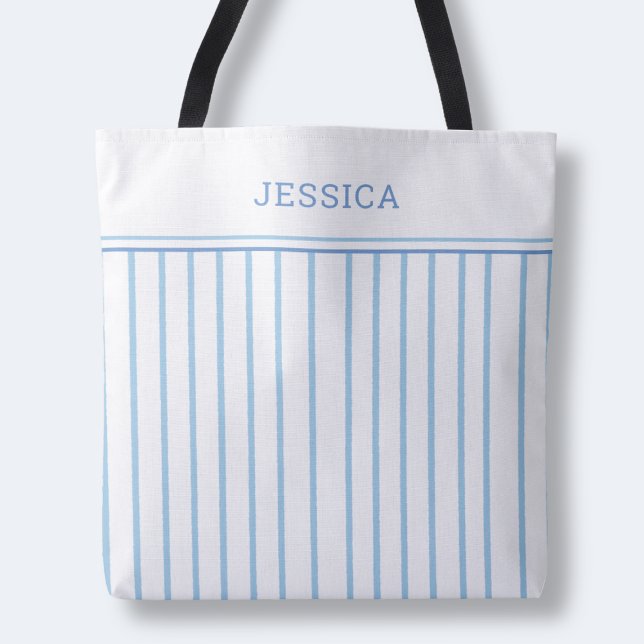Elegant Chic Blå och Vit Enkel Randig Mönster Tygkasse (Elegant Chic Blue and White Simple Striped Pattern Tote Bag)