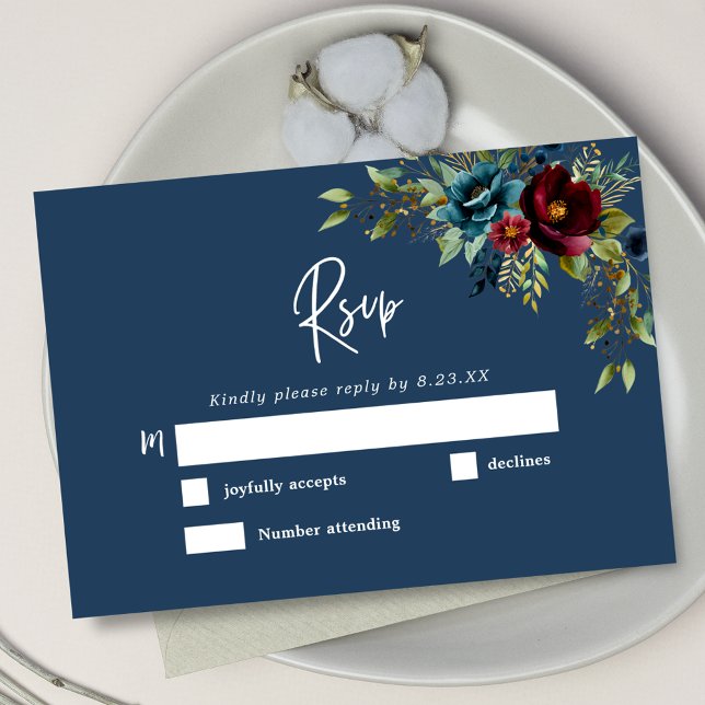 Elegant chic Blåblå burgundisk blommigt bröllop OSA Kort (Skapare uppladdad)