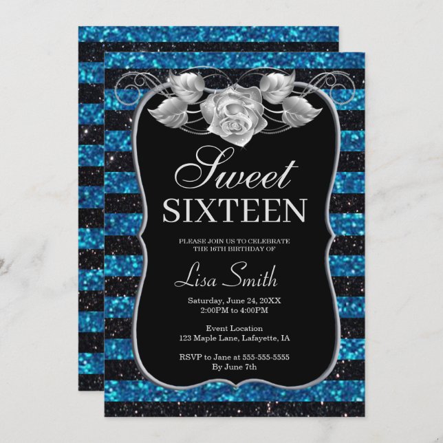 Elegant Chic Black Blue Glitter Ro Sweet 16 Inbjudningar (Fram/baksida)