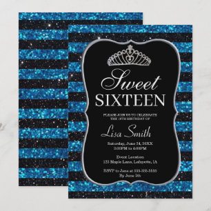 Elegant Chic Black Blue Glitter Tiara Sweet 16 Inbjudningar