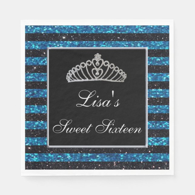 Elegant Chic Black Blue Glitter Tiara Sweet 16 Pappersservett (Framsidan)