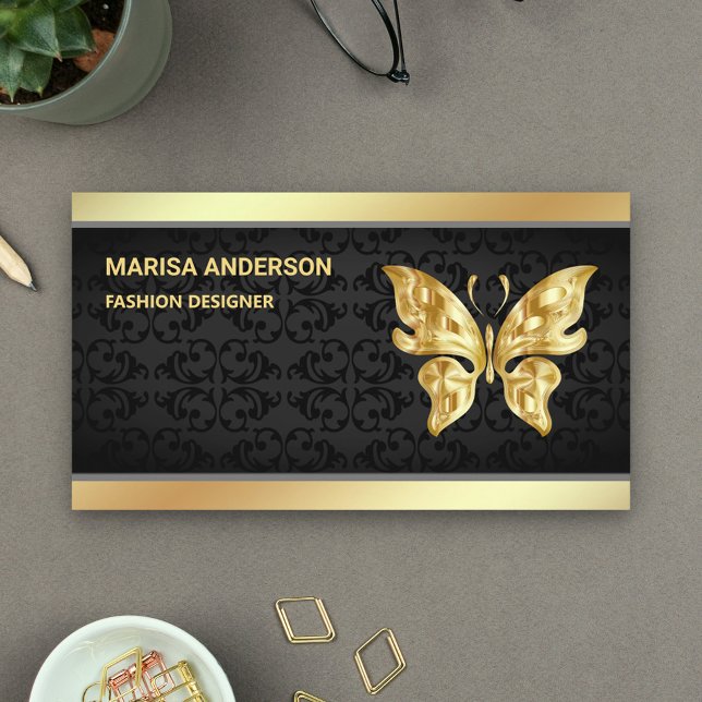 Elegant Chic Black Damask Faux Gold Foil Butterfly Visitkort (Skapare uppladdad)