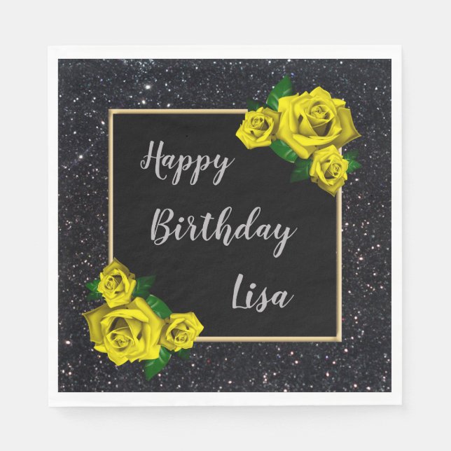 Elegant Chic Black Glitter Gul ros födelsedag Pappersservett (Framsidan)