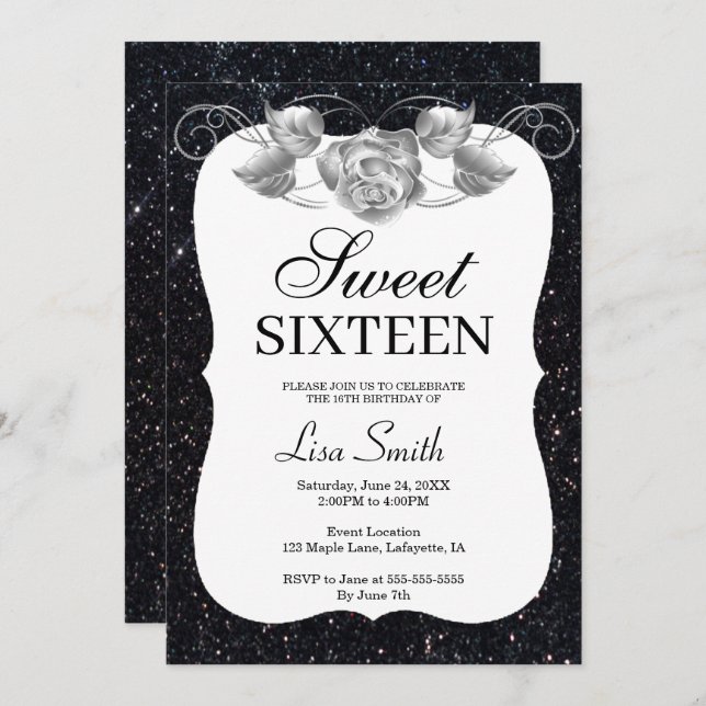 Elegant Chic Black Glitter Silver Ro Sweet 16 Inbjudningar (Fram/baksida)