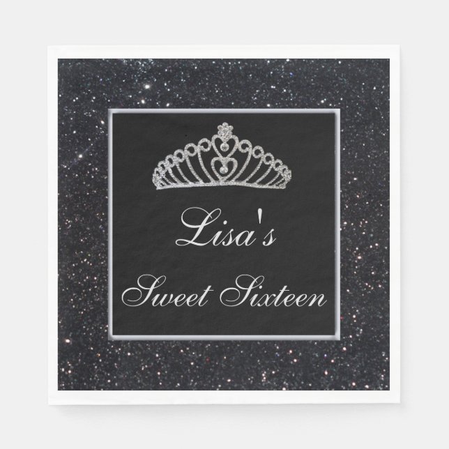 Elegant Chic Black Glitter Tiara Sweet 16 Pappersservett (Framsidan)