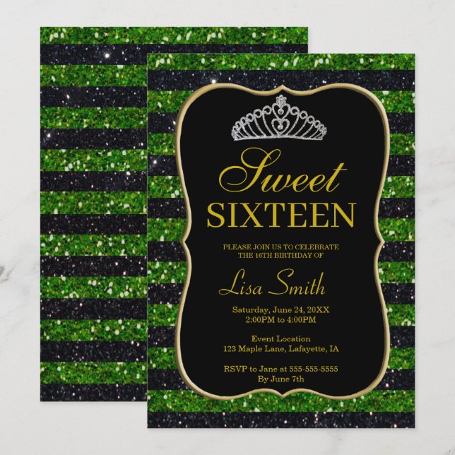Elegant Chic Black Grönt Glitter Tiara Sweet 16 Inbjudningar (Fram/baksida)