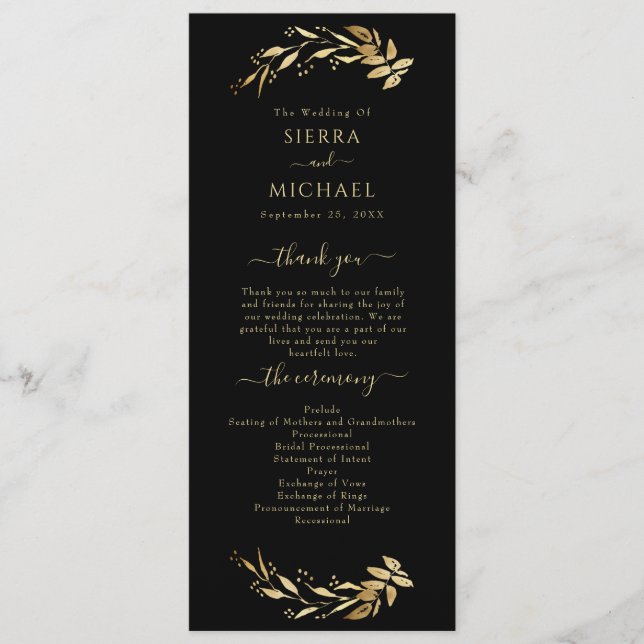 Elegant Chic Black Guld Foliage Bröllop Program (Framsida)