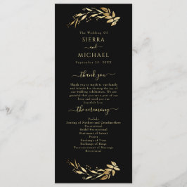 Elegant Chic Black Guld Foliage Bröllop Program