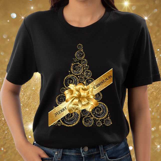 Elegant Chic Black Guld Julgran och Bow T Shirt (Skapare uppladdad)