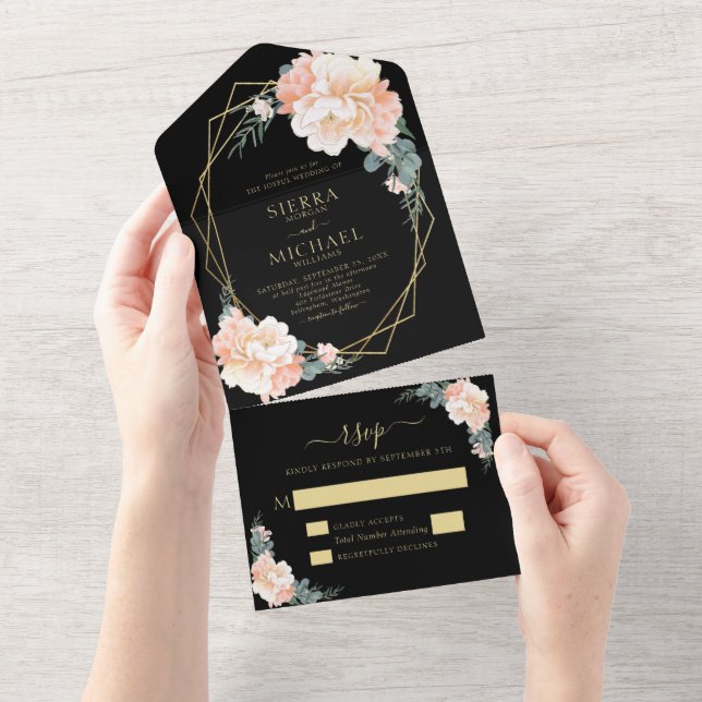 Elegant Chic Black  Guld Peach Blommigt Bröllop (Avrivbar del)