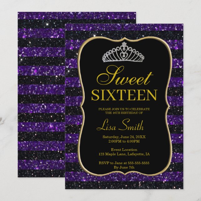 Elegant Chic Black Lila Glitter Tiara Sweet 16 Inbjudningar (Fram/baksida)