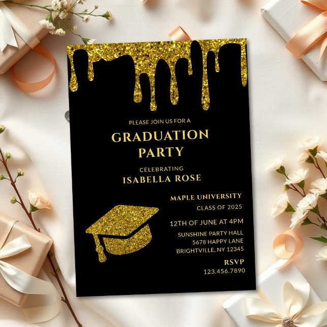 Elegant Chic Black och Guld 2025 Studentfest Inbjudningar (Elegant chic black and gold class of 2025 graduation party invitations, graduation invitations cards)