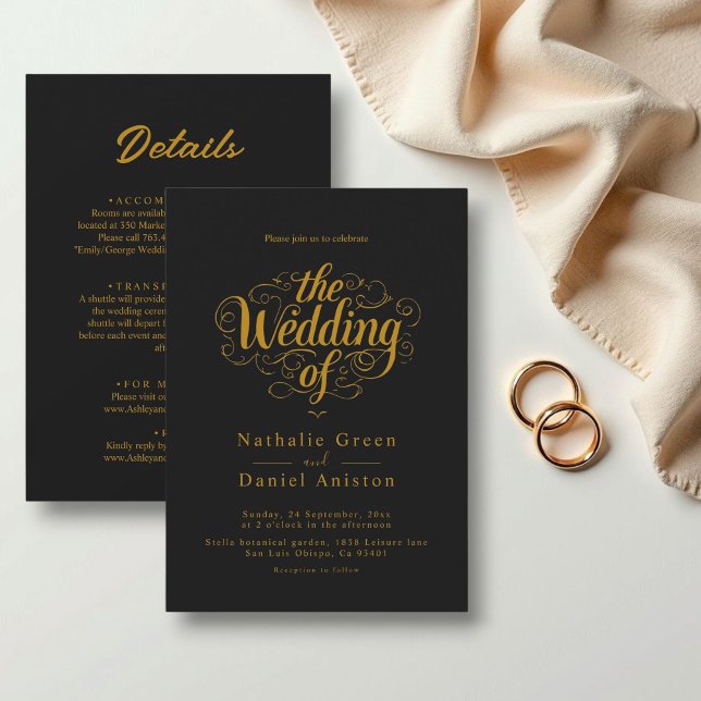 Elegant Chic Black och Guld Calligraphy Bröllop Inbjudningar (Skapare uppladdad)