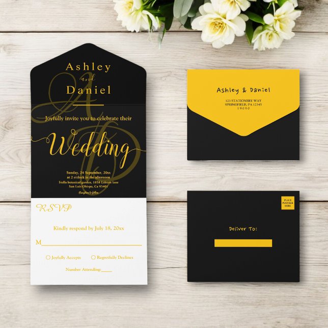 Elegant Chic Black och Guld Monogram Bröllop (Skapare uppladdad)