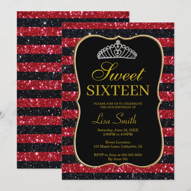 Elegant Chic Black Red Glitter Tiara Sweet 16 Inbjudningar (Fram/baksida)