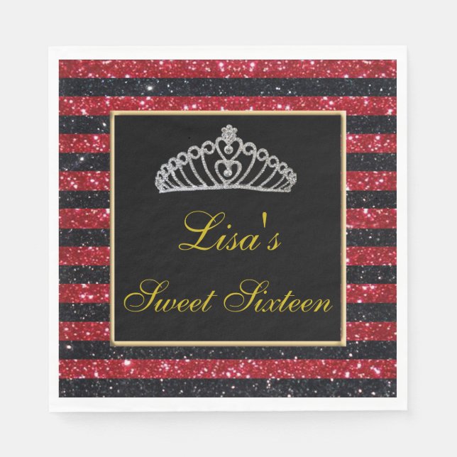 Elegant Chic Black Red Glitter Tiara Sweet 16 Pappersservett (Framsidan)