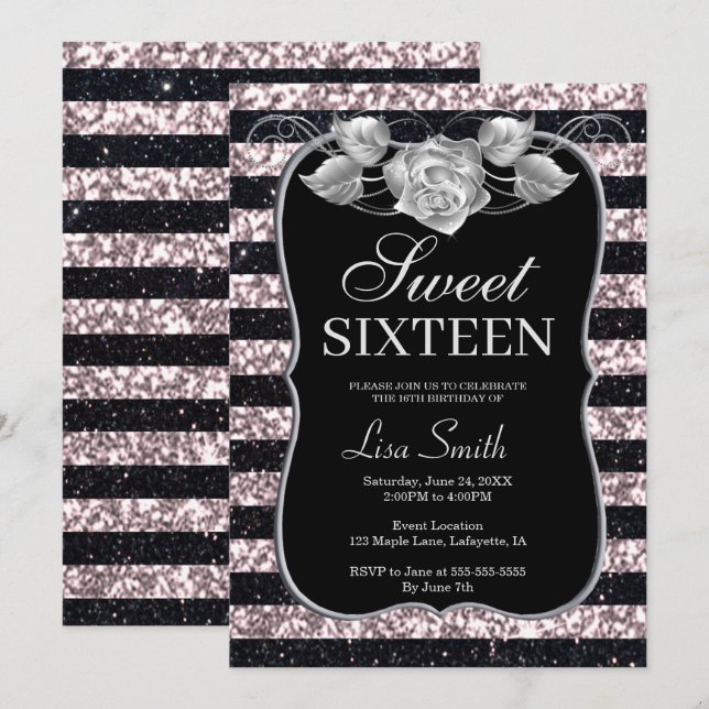 Elegant Chic Black Rosa Glitter Ro Sweet 16 Inbjudningar (Fram/baksida)