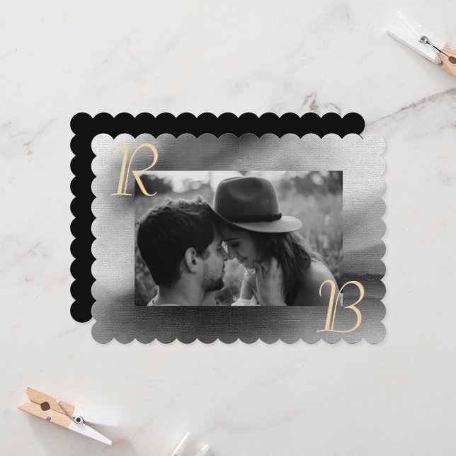 Elegant Chic Black White Photo Monogram Bröllop Inbjudningar (Fram/Back In Situ)
