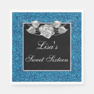 Elegant Chic Blått Glitter Silver Ro Sweet 16 Pappersservett