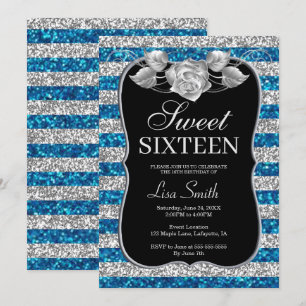 Elegant Chic Blått Silver Glitter Ro Sweet 16 Inbjudningar