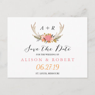 Elegant Chic Blommig Vit Hjorthorn Save the Date Meddelande Vykort