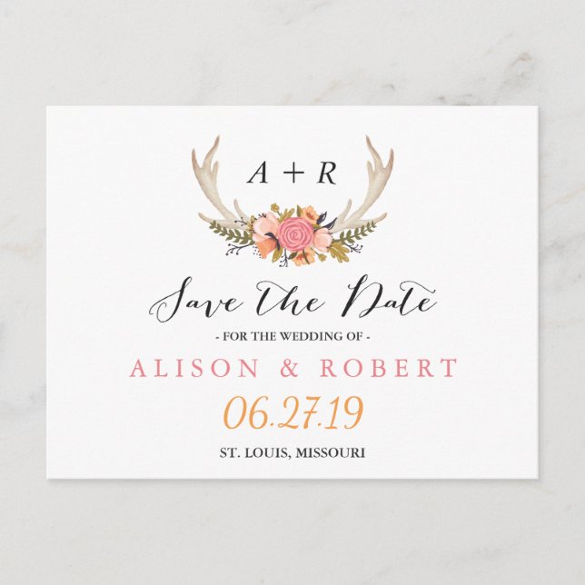 Elegant Chic Blommig Vit Hjorthorn Save the Date Meddelande Vykort (Framsida)