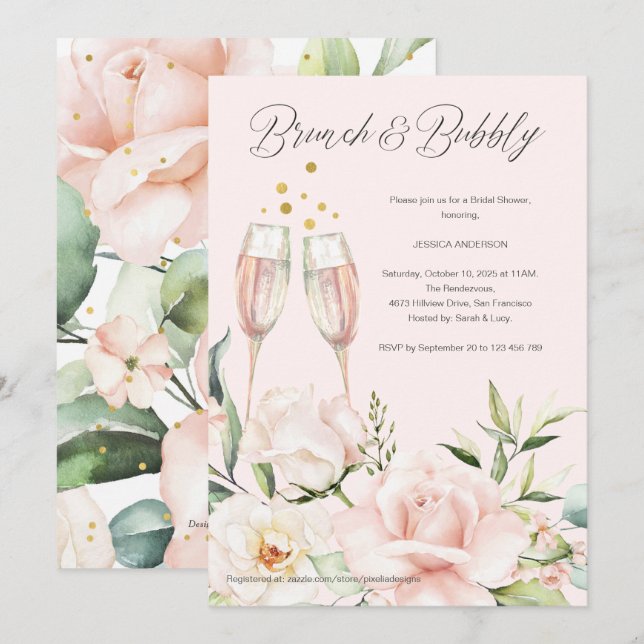 Elegant chic blommigt  champagne möhippa inbjudningar (Fram/baksida)