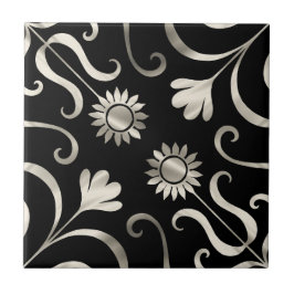 Elegant Chic Blommigt Damask Black Silver Solros Kakelplatta