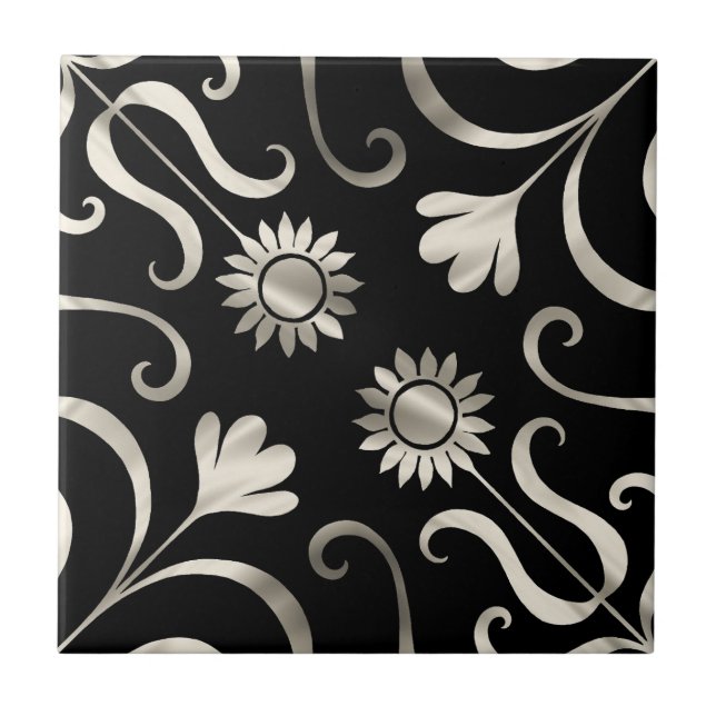 Elegant Chic Blommigt Damask Black Silver Solros Kakelplatta (Framsidan)