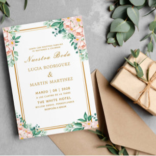 Elegant Chic Blommigt Guld ram White Nuestra Boda Inbjudningar
