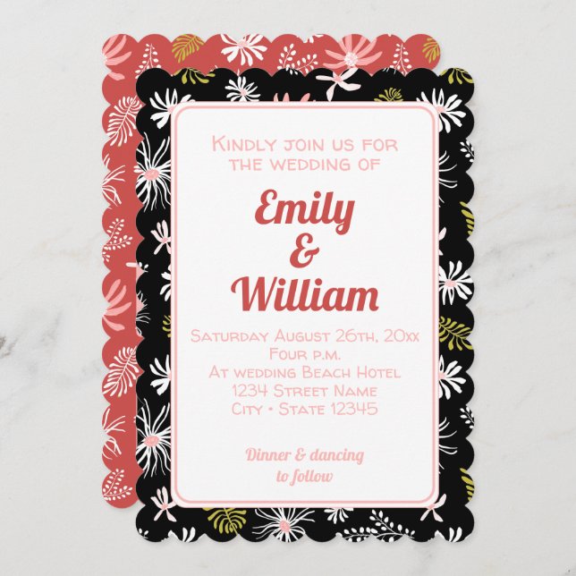 Elegant chic blommigt svart rosa Bröllopsinbjudan  Inbjudningar (Fram/baksida)