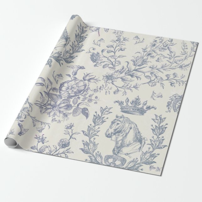 Elegant Chic Blue Beige Equestrian Blommigt Toile Presentpapper (Utrullad)