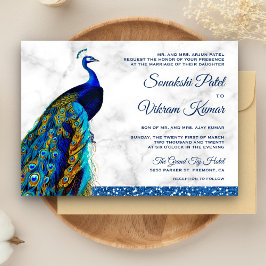 Elegant Chic Blue Glitter Peacock Indian Bröllop Inbjudningar