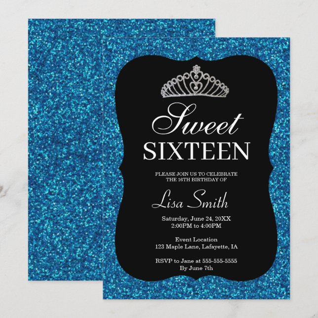 Elegant Chic Blue Glitter Tiara Sweet 16 Inbjudningar (Fram/baksida)